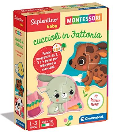 Clementoni - Sapientino Baby Cuccioli in Fattoria-Gioco Educativo 1 Anno (Versione in Italiano), Giochi Montessori, Puzzle sagomati, Made in Italy, Multicolore,