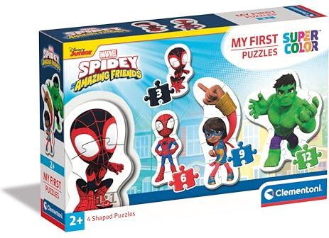 Clementoni My First Marvel Spidey and His Amazing Friends-4 sagomati da 12,16,20 e 24 Pezzi Bambini 2 Anni, Puzzle Cartoni Animati, Made In Italy, Multicolore,