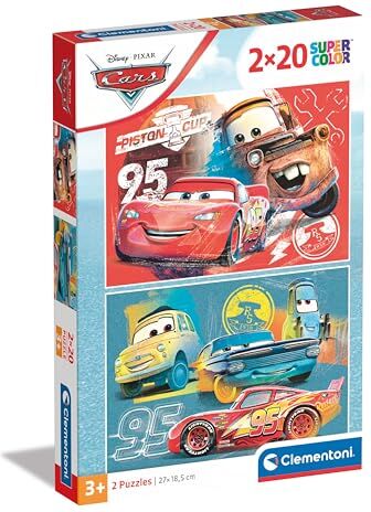 Clementoni - Disney Cars Supercolor Cars-2x20 (Include 2 20 Pezzi) Bambini 3 Anni, Puzzle Cartoni Animati, Made in Italy, Multicolore,