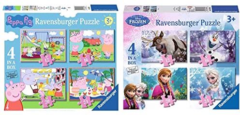 Ravensburger Peppa Pig Puzzle 2D, Singolo, Multicolore, 0, 06958 3 & Puzzle Disney Frozen, Collezione 4 in a Box, 4 puzzle da 12-16-20-24 Pezzi, Età Raccomandata 3+ Anni