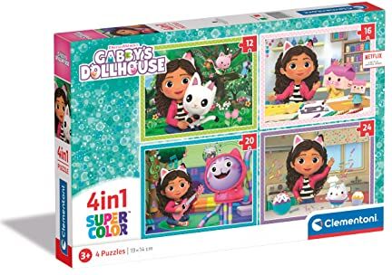 Clementoni Supercolor Gabby's Dollhouse-4 12,16,20 e 24 Pezzi Bambini 3 Anni, Puzzle Cartoni Animati-Made In Italy, Multicolore,