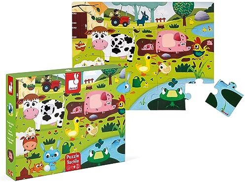 Janod Puzzle tattile Bambini 20 Pezzi “Gli animali della fattoria”- 7 Pezzi in Tessuto Gioco Educativo e Sensoriale Tattile, Sviluppo Motricità fine e Concentrazione Da 2 anni in Su,