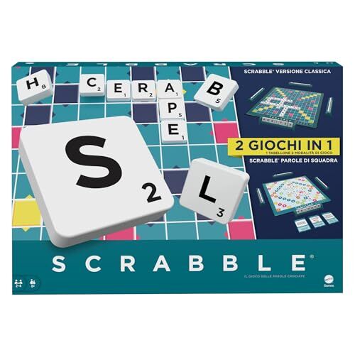 Mattel Scrabble Il gioco da tavolo delle parole, nuova versione con doppio tabellone e modalità Parole di Squadra, include 50 Obiettivi, edizione italiana, 8+ anni,