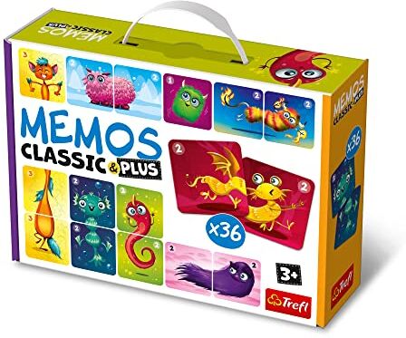 Trefl Memos Classic & Plus, Cute Monsters Gioco Educativo di Memoria per Bambini, Cerca Coppie e Tris di Immagini, Diverse Opzioni di Gioco, Classico Gioco di Memoria per Bambini Sopra i 3 Anni