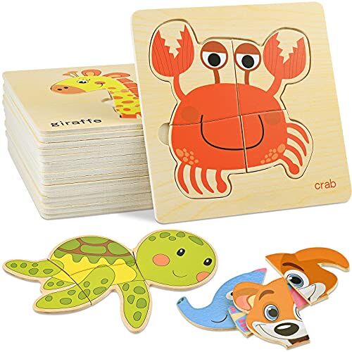 GOLDGE 16 Pezzi Giocattoli Bambini Animali da Puzzle di Legno, Giochi Bambina 1 Anno 2 3 4 Anni Educativo Pattern Blocchi Regalo per Ragazzo Ragazza