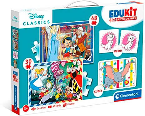 Clementoni Edukit 4 in 1-Disney Classics-Set di Giochi 30 48 Pezzi, Memo e 6 Cubi, Educativo 4 Anni, Gioco Memory, Puzzle Bambini-Made in Italy, Colore 4 in 1 Diseny Classic, Taglia Unica,