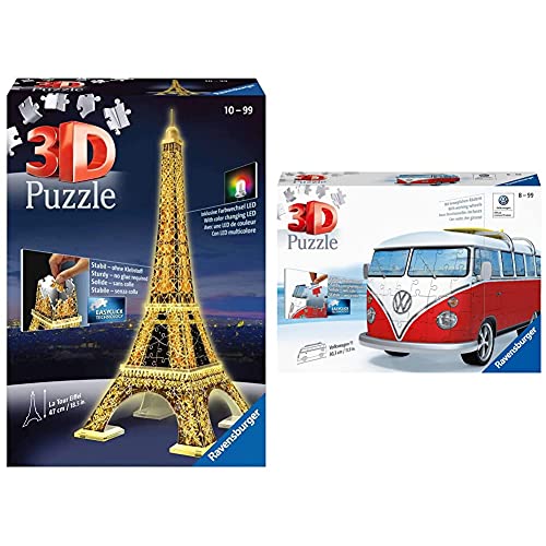 Ravensburger - Tour Torre Eiffel Puzzle 3D Con Led, Edizione Speciale Notte, 216 Pezzi, Multicolore, 12579 & Italy Puzzle 3D Camper Volkswagen T1, 12516 6