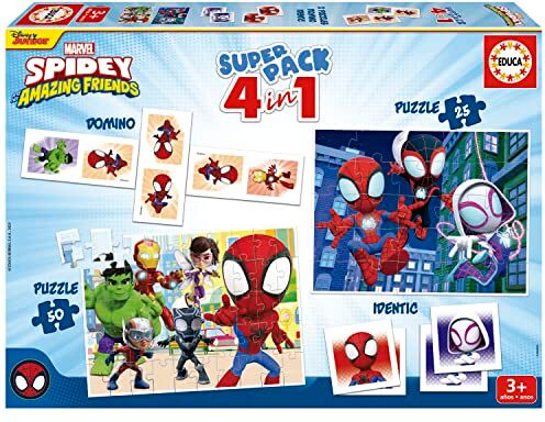 Educa Superpack Spidey & Friends   Giochi da tavolo e puzzle per bambini: Domino, Identic con 28 carte e 2 puzzle da 25 e 50 pezzi. Gioco per bambini per 3, 4 e 5 anni ()