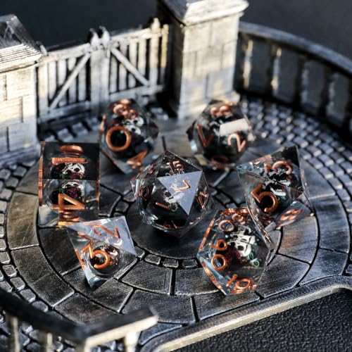 Elifel Set Dadi D&D DnD Dadi 7 Pezzi Cranio Mobili Bulbo Oculare Resina Gioco Particolari con Bordi Affilati Poliedrici Dadi per Dungeon Draghi Pathfinder RPG DND MTG con Confezione Regalo