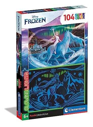 Clementoni Glowing Lights collection-Disney Frozen 2, fluorescente 104 pezzi-Made in Italy, bambini 6 anni, puzzle cartoni animati, Multicolore,