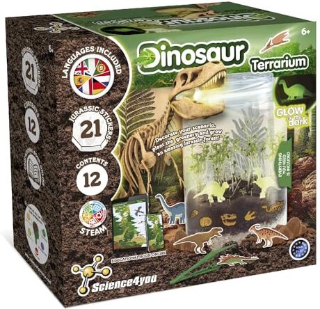 Science4You Terrario dei Dinosauri Kit Terrario con Piante per Bambini + Dinosauro Giocattolo che Brillano al Buio + Adesivi giurassic, Giocattoli, Giochi e Regalo per Bambino e Bambina 6+ Anni