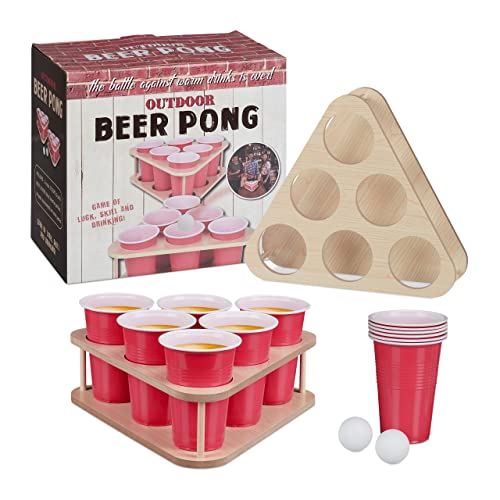 Relaxdays Beer Pong Set, Kit da 12 Bicchieri con 2 Supporti e 2 Palline, Gioco Alcolico Solo per Adulti, Rosso Naturale, Colore,