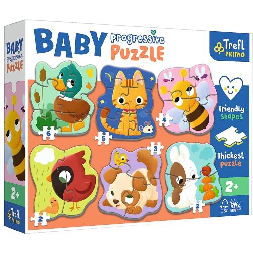 Trefl Baby Progressive Grande, da 2 a 6 Elementi, Cartone Spessa, Forma Amichevole, Divertimento per Bambini dai 2 Anni Puzzle Primo, Colore Animali,