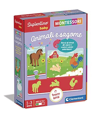 Clementoni - Sapientino Baby Animali e Sagome-Gioco Educativo 1 Anno (Versione in Italiano), Giochi Montessori, Puzzle tattile, Made in Italy, Multicolore,