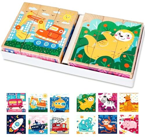 DBPBToU Puzzle in Legno 2 Pezzi Giochi Bambini Puzzle per 2 3 4 Anni, 6 in 1 Giocattoli Montessori Cubi Legno per Bambina Bambino, Fattorie/Oceani/Trasporti (Animali+Traffico)