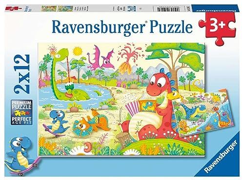 Ravensburger - Tiere, Dinosauri Giocosi, 2x12 Pezzi, Puzzle per Bambini, età Consigliata 3+, Multicolore,  2