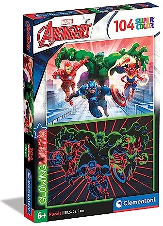 Clementoni Glowing Lights collection-Marvel Avengers, fluorescente 104 pezzi-Made in Italy, bambini 6 anni, puzzle cartoni animati, Multicolore,