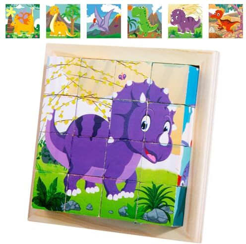 KOIROI Puzzle in legno, puzzle a cubo 3D, 6 in 1, motivo: dinosauro con 16 cubi, puzzle in legno Montessori, giocattolo per bambini a partire da 1 2 3 4 anni