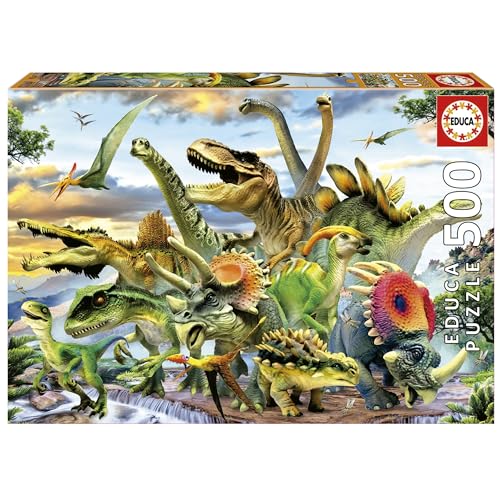 Educa Puzzle 500 pezzi per adulti   Dinosauri. Puzzle di 500 pezzi. Pezzi perfettamente finiti e sicuri per i bambini. Misura montata: 34 x 48 cm. Include colla FIX Puzzle. Da 11 anni ()