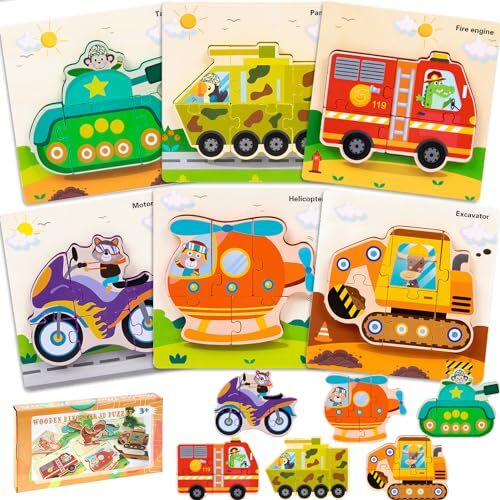 LEcylankEr Puzzle Bambini 1 2 3 Anni, 6 Pezzi Puzzle Legno Dinosauri/Auto, Giocattoli Educativi Montessori, Regali per Ragazzi Ragazze (Auto)