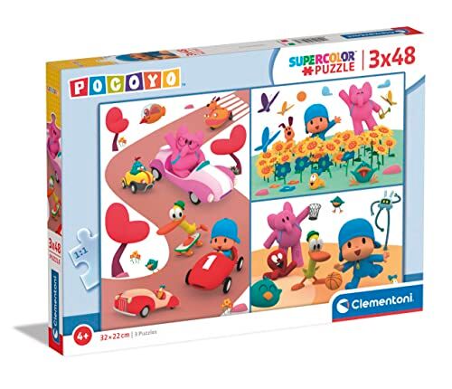 Clementoni - Pocoyo Supercolor Puzzle-Pocoyo-3X48 (Include 3 48 Pezzi) Bambini 4 Anni, Puzzle Cartoni Animati-Made in Italy, Multicolore, 144778