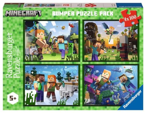 Ravensburger Puzzle Minecraft, Collezione Bumper Pack 4X100, 4 Puzzle da 100 Pezzi, Età Raccomandata 5+ Anni
