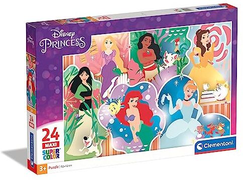 Clementoni - Puzzle Maxi Princesas Disney 24pzs Princess Supercolor Princess-24 Pezzi-Made in Italy, Bambini 3 Anni, Principesse, Cartoni Animati, Multicolore, Medium,