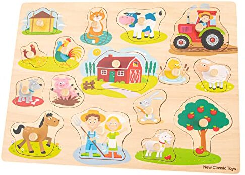 New Classic Toys classici in legno FSC Peg Puzzle Farm Educativo Giocattoli 2 anni, bambino e ragazza, multicolore,