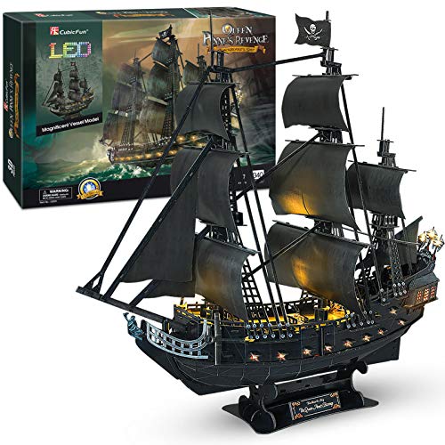 CubicFun Puzzle 3D LED 68 CM Black Pearl Modello di barca della Queen Anne's Revenge, regalo di compleanno per adulti, 340 pezzi