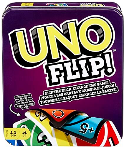 Mattel UNO FLIP! L'elettrizzante variante del mitico gioco di carte per tutta la famiglia in una scatola in metallo, 112 carte fronte/retro e carte speciali FLIP, giocattolo per bambini, 7+ anni,