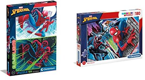 Clementoni - Spider-Man Glowing Lights Collection-Marvel Spiderman, Fluorescente 104 Pezzi-Made in Italy, Bambini 6 Anni, 27555 & Spider-Man Supercolor Puzzle Man-180 pezzi, Multicolore, 29293