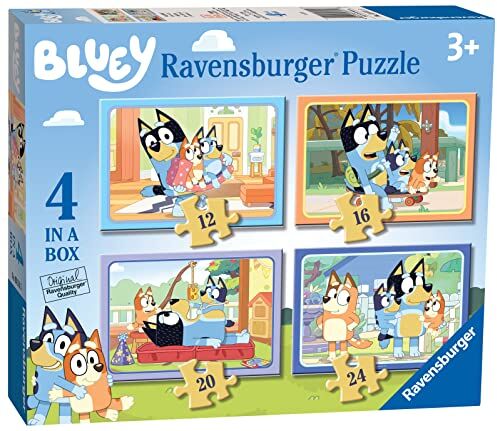 Ravensburger Puzzle Bluey, Collezione 4 in a Box, 4 puzzle da 12-16-20-24 Pezzi, Età Raccomandata 3+ Anni