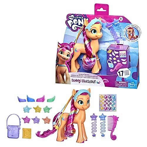 Hasbro My Little Pony: Una Nuova Generazione, Sunny Starscout Rainbow Reveal, Pony Giocattolo Arancione da 15 cm con Treccia Arcobaleno, 17 Accessori