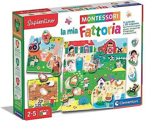 Clementoni - Sapientino Gioco Educativo 2 Anni, Flashcards Montessori, Puzzle Sagomato, Animali della Fattoria, Made in Italy, Colore Italiano,