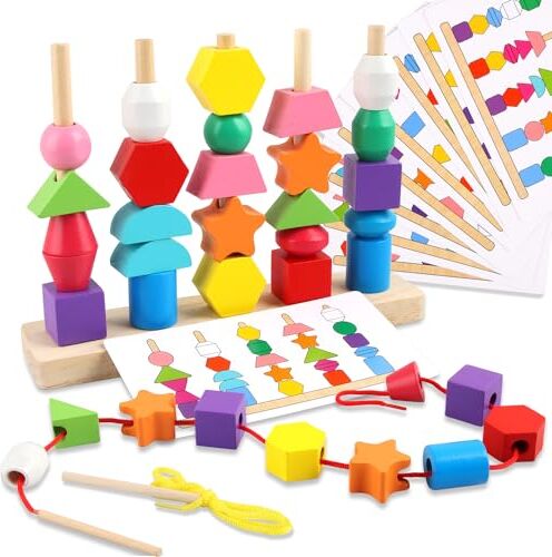 EKKONG 2-in-1 Montessori Giochi in Legno 2 3 4 5 Anni, Giocattoli Blocchi Geometrici Colorati Impilabili e Abbinabili, Puzzle Perline Giochi da Infilare Giocattolo Educativi Regalo per Bebè Bambini