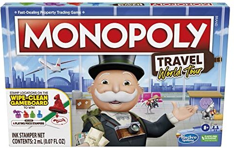 Hasbro Monopoly Travel World Tour Gioco da tavolo per famiglie e bambini di età superiore agli 8 anni, include stampatori a gettoni e tabellone da gioco cancellabile a secco