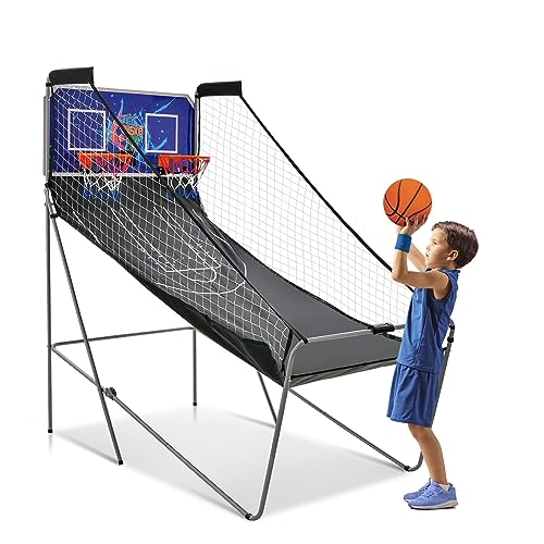 COSTWAY Macchina da Pallacanestro Elettronica, Canestro Basket da Camera a Doppio Tiro Pieghevole con Punteggio Elettronico, 4 Palle, 8 Modalità di Gioco e 2 Canestri (Blu)