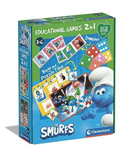 Clementoni Educational Games-2 in 1 The Smurfs-Gioco Educativo 3 Anni (Italiano, Inglese, Francese, Tedesco, Spagnolo, Olandese E Polacco), Made in Italy, Multicolore,