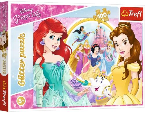 Trefl - Puzzle Glitter 100 Elementi, Ricordi di Bella e Ariel, per Bambini dai 5 Anni, Colore Principessa Disney