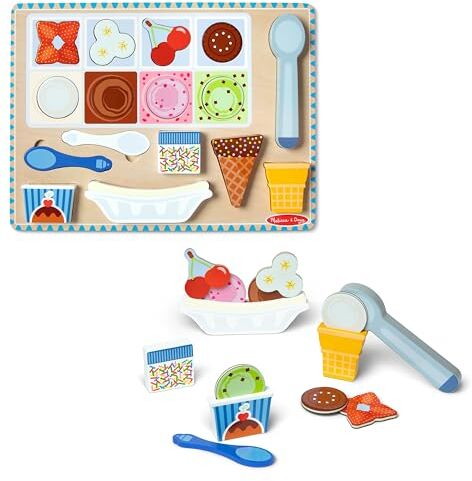 Melissa & Doug Set da gioco e puzzle magnetico in legno Gelati, 16 pezzi magnetici con paletta e cibo giocattolo in legno per bambini e bambine dai 2 anni in su