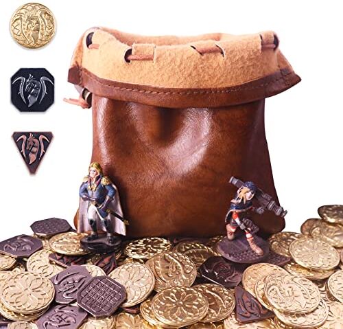 Byhoo 70 Monete in Metallo DND e Borsa in Pelle PU, Contiene 30 Monete d'oro, 20 Monete di Nastro e 20 Monete di Rame, Monete Fantasy per Gioco da Tavolo, gettone di Gioco con Custodia in Pelle retrò