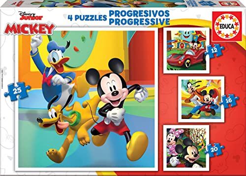 Educa Puzzle progressivi di cartone per bambini   Mickey and Friends. Dimensioni: 40 x 28 cm. 4 puzzle da 12 a 25 pezzi. Da 3 anni ()