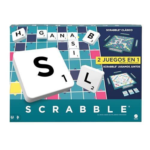 Mattel Scrabble Plus Gioco da tavolo per famiglie con 2 lati (versione classica e cooperativa) + 10 anni, versione spagnola ()
