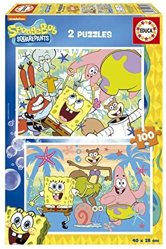 Educa 2 x 100 Spongebob, 2 Puzzle Di Cartone Con 100 Pezzi Ciascuno, Doppio Divertimento, Misura Approssimativa Di Ciascun Puzzle: 40 x 28 cm, Da 6 Anni ()