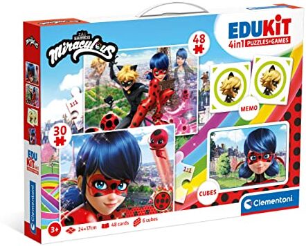 Clementoni Edukit 4 in 1 Miraculous (Puzzle 30 E 48 pezzi, 6 Cubi E Un Memo) Gioco Di Carte Bambini, Gioco Educativo 4 Anni, Gioco Di Coppie e Puzzle Bambini Made in Italy