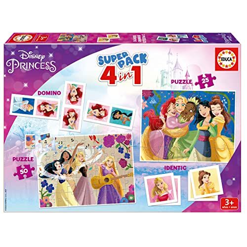 Educa Superpack 4 in 1 Disney Princess   Giochi da tavolo per bambini: Domino, identico con 28 carte e 2 enigmi da 25 e 50 pezzi. Possibilità di gioco multiple. Da 3 anni ()