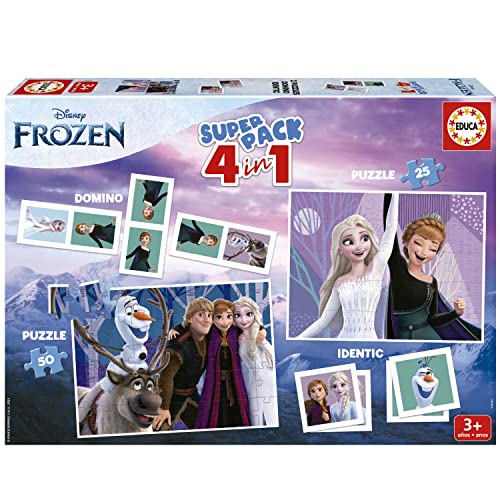 Educa Superpack Frozen, giochi da tavolo per bambini come Domino, Identic e 2 puzzle da 25 e 50 pezzi, molteplici possibilità di gioco. A partire da 3 anni ()