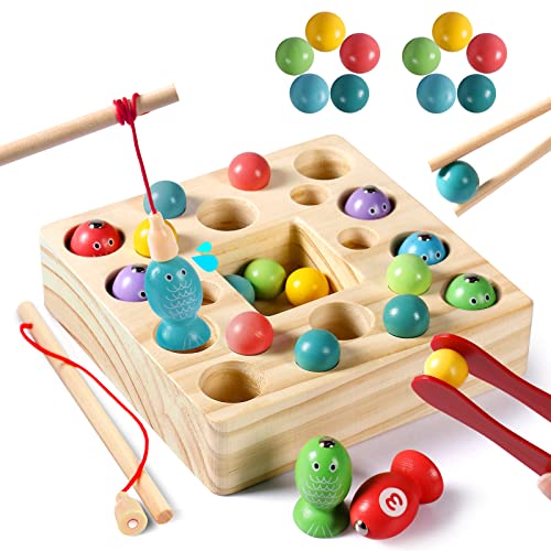 Symiu Giochi Bambini 3 Anni Giochi in Legno Giochi da Tavolo Gioco Pesca Pesci Calamita mit 10 Pesci 10 Perle 3 in 1 Puzzle Bambini Regali Natalizi Bambini Educativi Giochi per Bambini 3 4 5 Anni