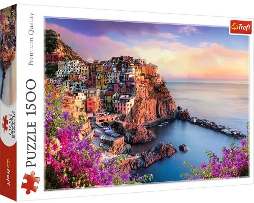 Trefl 1500 Elementi, Alta qualità, Paesaggio, Cinque Terre, Vacanza, Veduta Romantica, per Adulti e Bambini dai 12 Anni Puzzle Vista di Manarola La Spezia Italia, Colore Paese, TRF