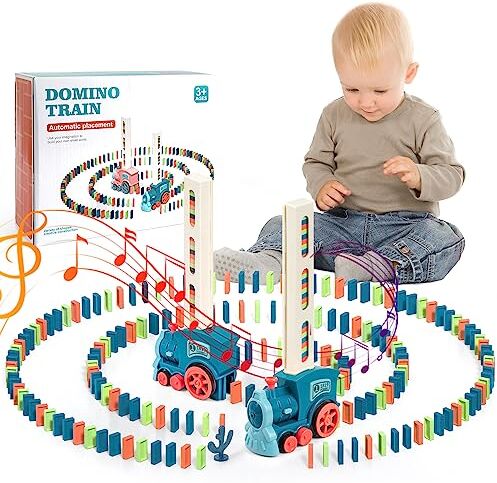 Lalotar Treno Elettrico Domino, 200 Pezzi Treno Elettrico Bambino, Automatico Treno Posa Domino con luci e Musica,per Ragazze e Ragazzi 3 Anni e Più